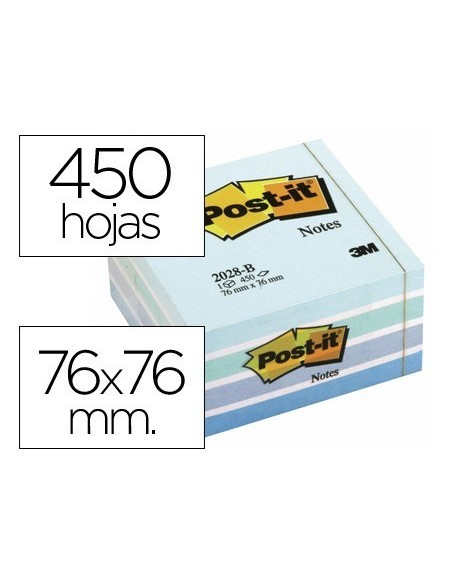 BLOC DE NOTAS ADHESIVAS QUITA Y PON POST-IT 76X76 MM CUBO COLOR AZUL PASTEL 450 HOJAS