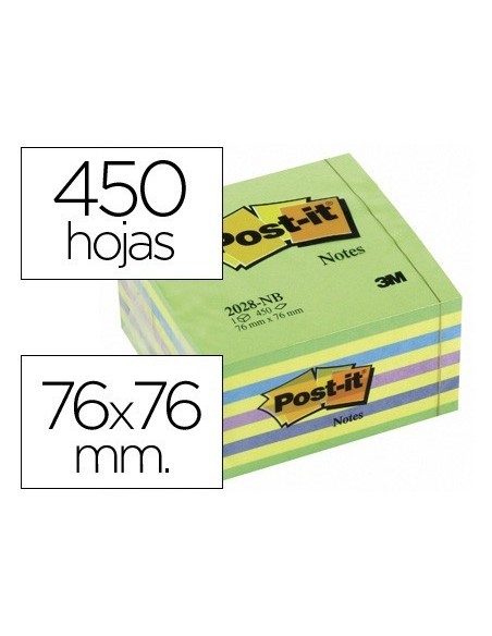 BLOC DE NOTAS ADHESIVAS QUITA Y PON POST-IT 76X76 MM CUBO COLOR AZUL Y VERDE 450 HOJAS