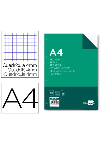 RECAMBIO LIDERPAPEL A4 100 HOJAS 100G/M2 CUADRO 4MM CON MARGEN 4 TALADROS
