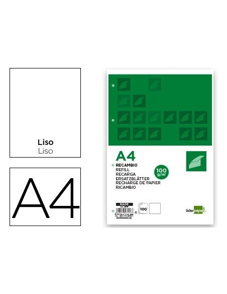 RECAMBIO LIDERPAPEL A4 100 HOJAS 100G/M2 LISO SIN MARGEN 4 TALADROS