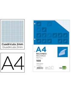 RECAMBIO LIDERPAPEL A4 100 HOJAS 100G/M2 CUADRO 2MM CON MARGEN 4 TALADROS
