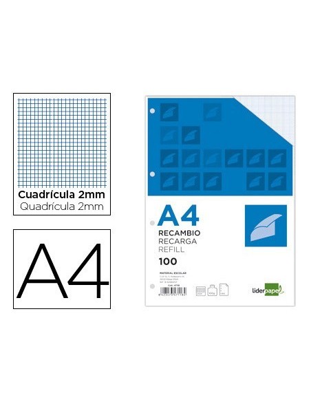 RECAMBIO LIDERPAPEL A4 100 HOJAS 100G/M2 CUADRO 2MM CON MARGEN 4 TALADROS