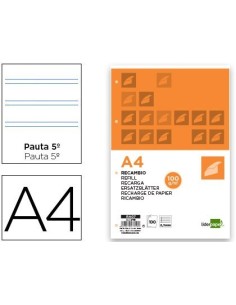 RECAMBIO LIDERPAPEL A4 100 HOJAS 100G/M2 PAUTA 5a 2.5MM CON MARGEN 4 TALADROS
