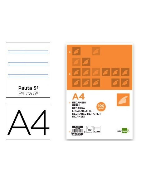 RECAMBIO LIDERPAPEL A4 100 HOJAS 100G/M2 PAUTA 5a 2.5MM CON MARGEN 4 TALADROS