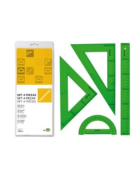 JUEGO ESCUADRA CARTABON REGLA 30 CM Y SEMICIRCULO EN PETACA LIDERPAPEL VERDE