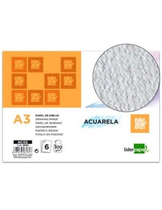 PAPEL DIBUJO LIDERPAPEL 297X420MM 300G/M2 ACUARELA PACK DE 6