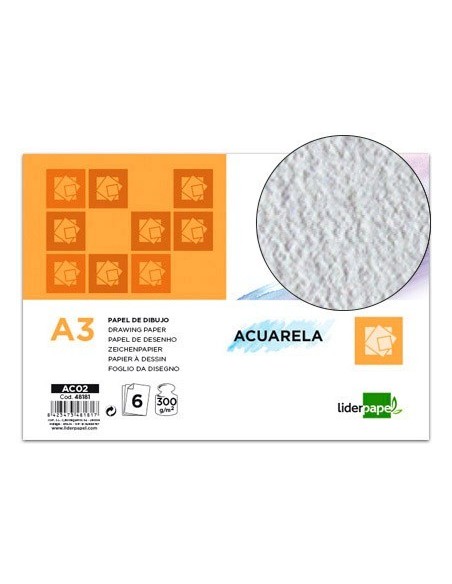 PAPEL DIBUJO LIDERPAPEL 297X420MM 300G/M2 ACUARELA PACK DE 6