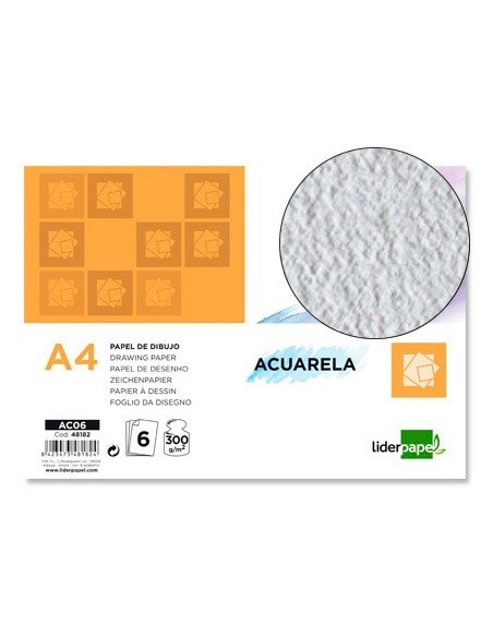 PAPEL DIBUJO LIDERPAPEL 210X297MM 300G/M2 ACUARELA PACK DE 6