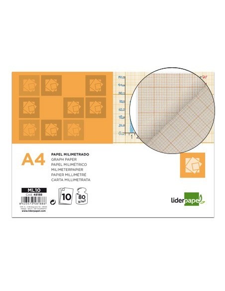 PAPEL DIBUJO LIDERPAPEL 210X297MM 80G/M2 MILIMETRADO PACK DE 10