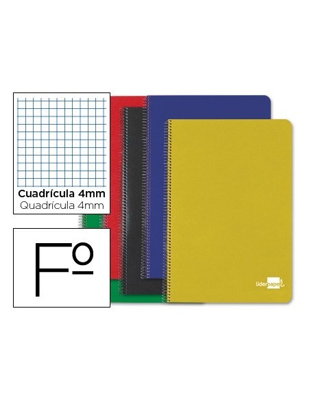 CUADERNO ESPIRAL LIDERPAPEL FOLIO TAPA DURA 80H 60 GR CUADRO 4MM CON MARGEN COLORES SURTIDOS