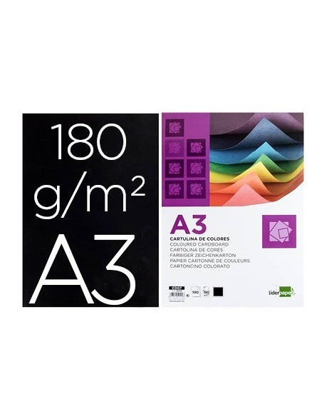 CARTULINA LIDERPAPEL A3 180G/M2 NEGRO PAQUETE DE 100 HOJAS