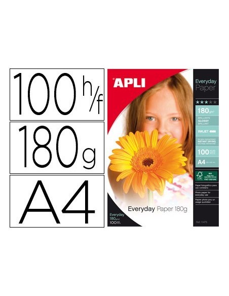 PAPEL FOTOGRAFICO APLI GLOSSY DIN A4 PACK 100 HOJAS DE 180 GRS