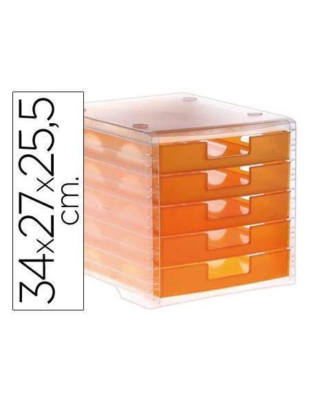 FICHERO CAJONES DE SOBREMESA Q-CONNECT 340X270X260 MM APILABLES 5 CAJONES NARANJA MANDARINA TRANSLUCIDO
