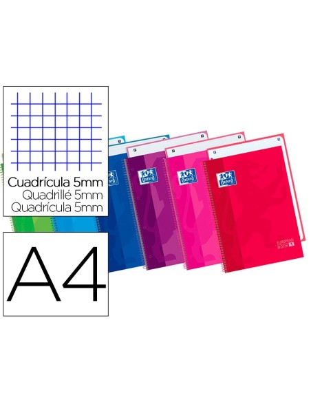BLOC ESPIRAL OXFORD TAPA EXTRADURA MICROPERFORADO DIN A4 80 HOJAS CUADROS 5MM COLORES SURTIDOS