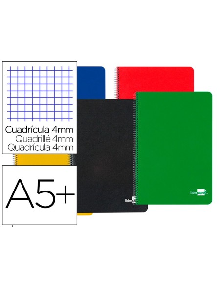CUADERNO ESPIRAL LIDERPAPEL CUARTO TAPA DURA 80H 60 GR CUADRO 4MM CON MARGEN COLORES SURTIDOS