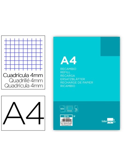 RECAMBIO LIDERPAPEL A4 100 HOJAS 75G/M2 CUADRO 4MM CON MARGEN 4 TALADROS