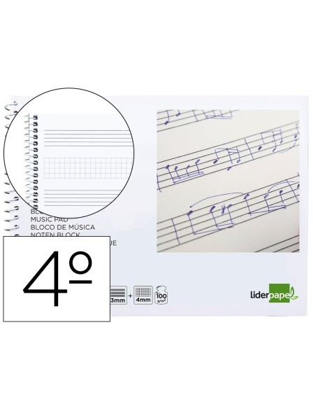 BLOC MUSICA LIDERPAPEL COMBI PENTAGRAMA 3MM MAS CUADRICULA DE 4MM PARA ANOTACIONES CUARTO20 HOJAS 100G/M2