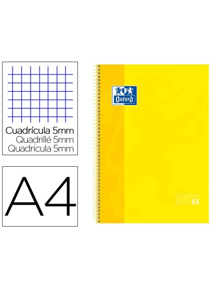 BLOC ESPIRAL OXFORD TAPA EXTRADURA MICROPERFORADO DIN A4 80 HOJAS CUADROS 5MM COLOR AMARILLO