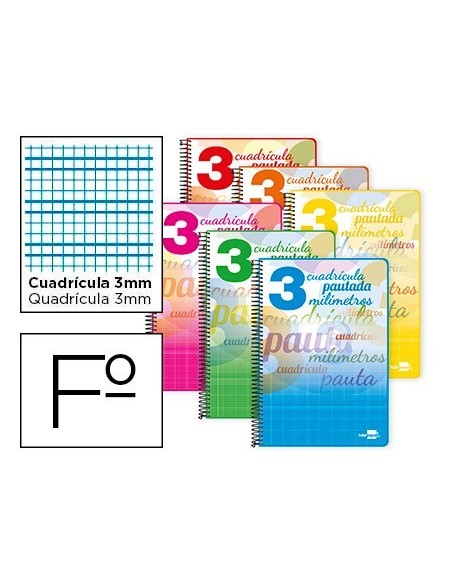 CUADERNO ESPIRAL LIDERPAPEL FOLIO PAUTAGUIA TAPA BLANDA 80H 75 GR CUADRO PAUTADO 3MM CON MARGEN COLORES SURTIDOS