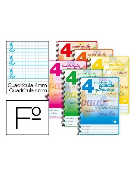 CUADERNO ESPIRAL LIDERPAPEL FOLIO PAUTAGUIA TAPA BLANDA 80H 75 GR CUADRO PAUTADO 4MM COLORES SURTIDOS