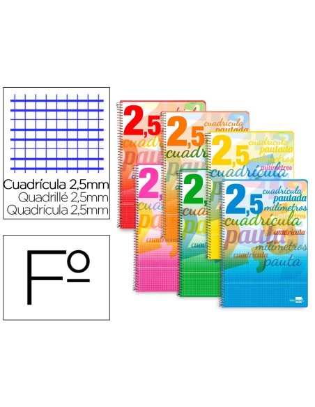 CUADERNO ESPIRAL LIDERPAPEL FOLIO PAUTAGUIA TAPA BLANDA 80H 75 GR CUADRO PAUTADO 2,5MM CON MARGEN COLORES SURTIDOS