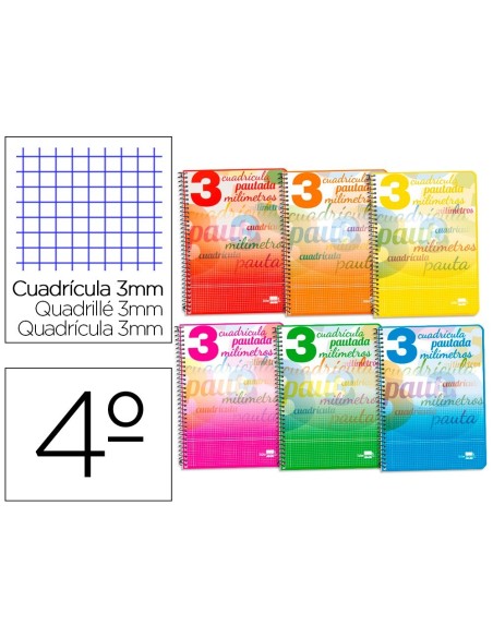 CUADERNO ESPIRAL LIDERPAPEL CUARTO PAUTAGUIA TAPA BLANDA 40H 75 GR CUADRO PAUTADO 3 MM CON MARGEN COLORES SURTIDOS