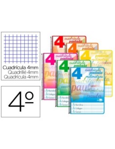 CUADERNO ESPIRAL LIDERPAPEL CUARTO PAUTAGUIA TAPA BLANDA 40H 75 GR CUADRO PAUTADO 4MM COLORES SURTIDOS