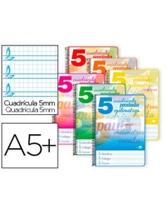 CUADERNO ESPIRAL LIDERPAPEL CUARTO PAUTAGUIA TAPA BLANDA 40H 75 GR CUADRO PAUTADO 5MM COLORES SURTIDOS