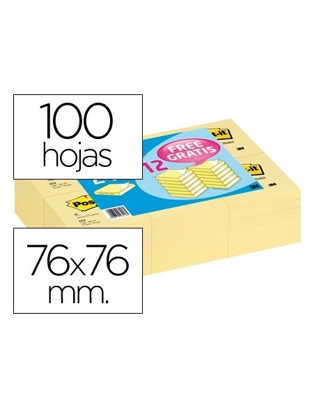 BLOC DE NOTAS ADHESIVAS QUITA Y PON POST-IT 76X76 MM PACK PROMOCIONAL 24+12 UNIDADES