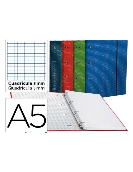 CARPETA CON RECAMBIO LIDERPAPEL A5 CUADRO 5MM FORRADA 4 ANILLAS 20MM