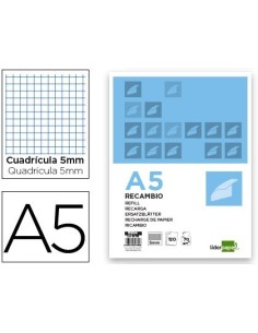 RECAMBIO LIDERPAPEL A5 120 HOJAS 75G/M2 CUADRO 5MM SIN MARGEN 6 TALADROS BANDAS DE 5 COLORES