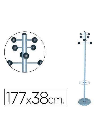 PERCHERO METALICO PIE CON PARAGUERO 8 COLGADORES COLOR PLATA 177X38 CM
