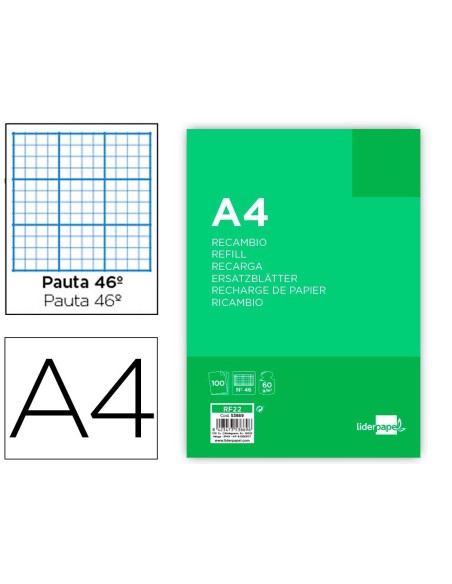 RECAMBIO LIDERPAPEL A4 100 HOJAS 60G/M2 RAYADO N. 46 4 TALADROS