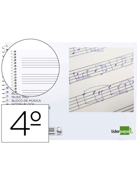 BLOC MUSICA LIDERPAPEL PENTAGRAMA 4MM CUARTO 20 HOJAS 100G/M2