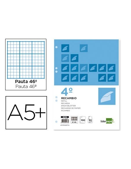 RECAMBIO LIDERPAPEL CUARTO 100 HOJAS 60G/M2 RAYADO N. 46 6 TALADROS