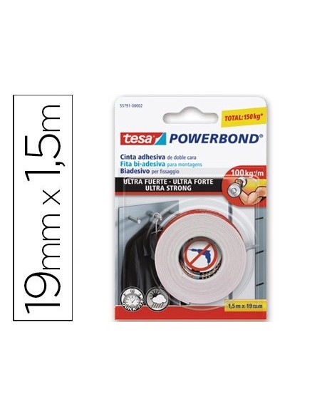 CINTA ADHESIVA TESA DOBLE CARA ULTRA STRONG EXTRAFUERTE PARA INTERIOR Y EXTERIOR 1,5M X19MM