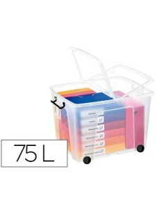 CONTENEDOR PLASTICO CEP 75 LITROS 485X600X415 MM TRANSPARENTE CON TAPA CIERRE HERMETICO Y 4 RUEDAS