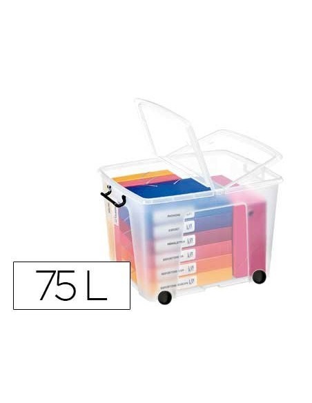 CONTENEDOR PLASTICO CEP 75 LITROS 485X600X415 MM TRANSPARENTE CON TAPA CIERRE HERMETICO Y 4 RUEDAS