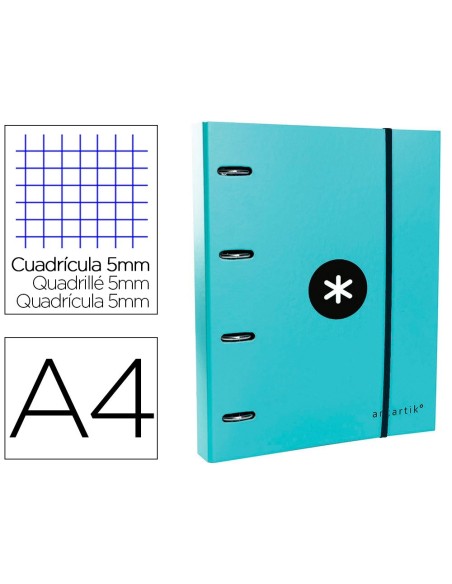 CARPETA CON RECAMBIO Y SOLAPA LIDERPAPEL ANTARTIK A4 CUADRO 5MM FORRADA 4 ANILLAS REDONDAS 40MM COLOR MENTA
