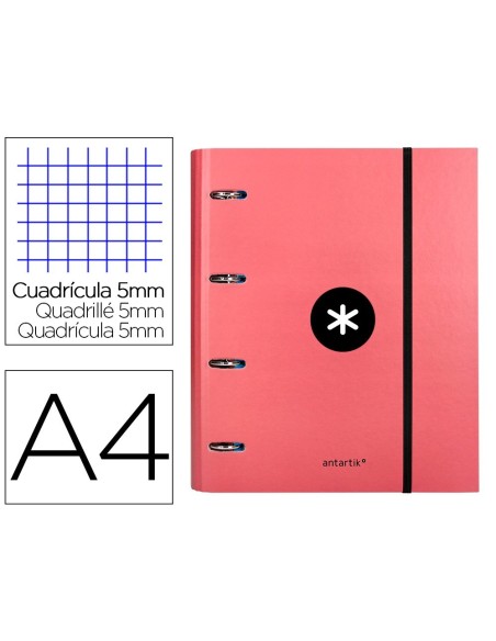 CARPETA CON RECAMBIO LIDERPAPEL ANTARTIK A4 CUADRO 5MM FORRADA 4 ANILLAS REDONDAS 40MM COLOR CORAL