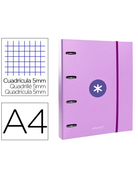CARPETA CON RECAMBIO Y SOLAPA LIDERPAPEL ANTARTIK A4 CUADRO 5MM FORRADA 4 ANILLAS REDONDAS 40MM COLOR LAVANDA