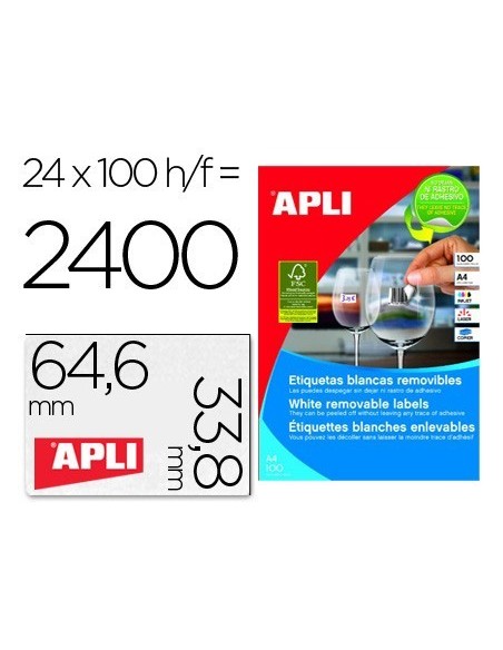 ETIQUETA ADHESIVAS APLI 3056 TAMAÑO 64,6 X 33,8 MM PARA FOTOCOPIADORA LASER INK-JET CAJA CON 100 HOJAS A-4 REMOVI.