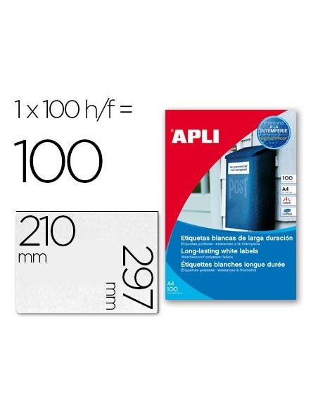 ETIQUETAS ADHESIVAS APLI 12121 TAMAÑO 210X297 MM POLIESTER RESISTENTE A LA INTERPERIE IMPRESION LASER