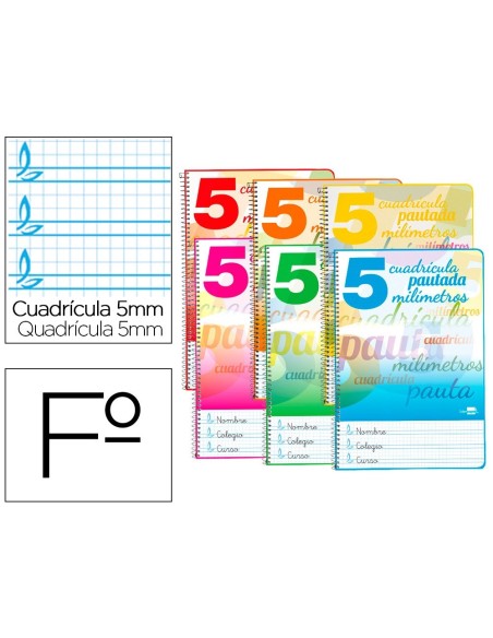 CUADERNO ESPIRAL LIDERPAPEL FOLIO PAUTAGUIA TAPA BLANDA 80H 75 GR CUADRO PAUTADO 5MM CON MARGEN COLORES SURTIDOS
