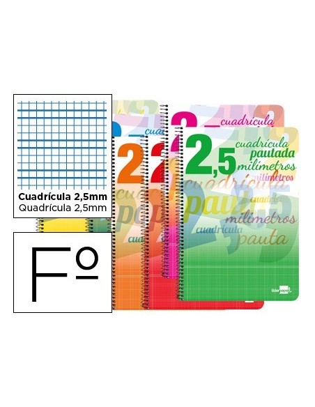 CUADERNO ESPIRAL LIDERPAPEL FOLIO PAUTAGUIA TAPA DURA 80H 75 GR CUADRO PAUTADO 2,5MM CON MARGEN COLORES SURTIDOS