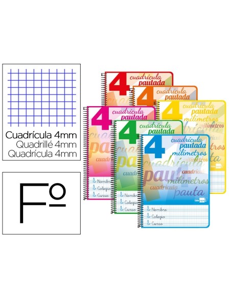 CUADERNO ESPIRAL LIDERPAPEL FOLIO PAUTAGUIA TAPA DURA 80H 75 GR CUADRO PAUTADO 4MMCON MARGEN COLORES SURTIDOS