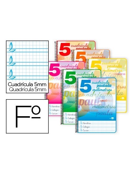 CUADERNO ESPIRAL LIDERPAPEL FOLIO PAUTAGUIA TAPA DURA 80H 75 GR CUADRO PAUTADO 5MMCON MARGEN COLORES SURTIDOS