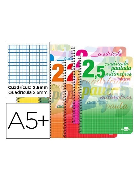CUADERNO ESPIRAL LIDERPAPEL CUARTO PAUTAGUIA TAPA BLANDA 40H 75 GR CUADRO PAUTADO 2,5MMCON MARGEN COLORES SURTIDOS