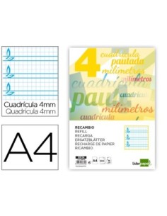 RECAMBIO LIDERPAPEL A4 PAUTAGUIA 100 HOJAS 75 G CUADRICULADO PAUTADO 4 MM CON MARGEN 4 TALADROS