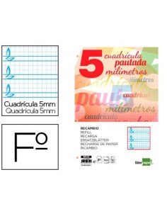 RECAMBIO LIDERPAPEL FOLIO PAUTAGUIA 100 HOJAS 75 G CUADRICULADO PAUTADO 5 MM CON MARGEN 4 TALADROS